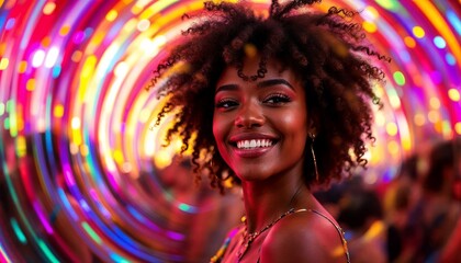 Smiling Woman with Afro Hairstyle Enjoying Nightlife Amidst Swirling Colorful Lights