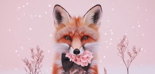 Obraz premium A cute little fox wearing a tiny bowtie, holding a pastel-colored flower in its mouth, surrounded by floating sparkles