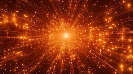 Obraz premium Abstract orange glowing particles forming a tunnel, digital art.