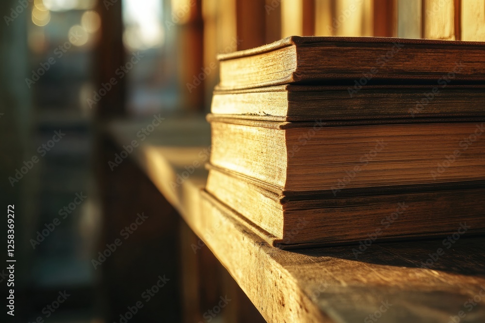 Leinwandbilder Books resting on a rustic wooden shelf with warm light illuminating a cozy reading space for relaxation. Generative AI