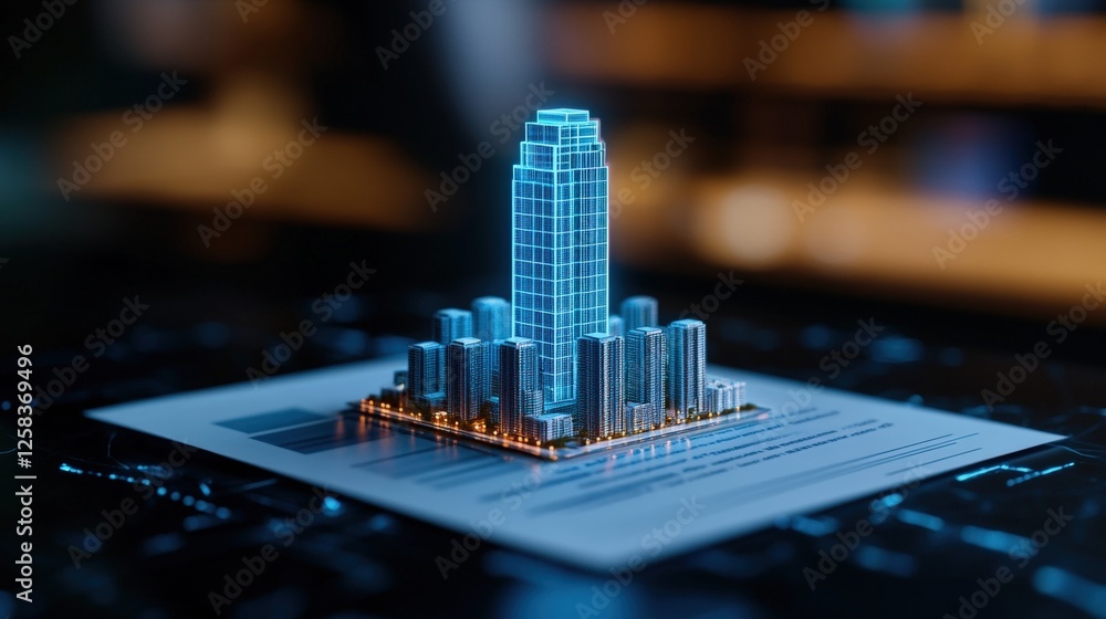 Poster skyscraper model with blue lighting and holographic design in 3d render miniature architecture displ