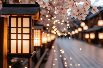 A dreamy pastel-colored street lined with tiny glowing lanterns, floating sparkles, and soft pink sakura petals