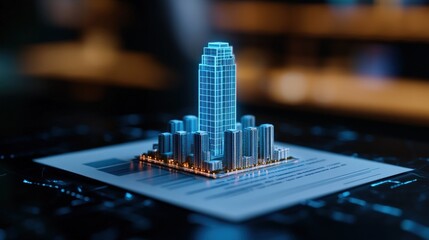 Skyscraper model with blue lighting and holographic design in 3d render miniature architecture display