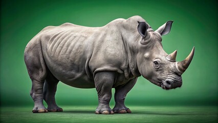 Obraz premium Powerful Grey Rhinoceros, Endangered Species, Minimalist Green Background