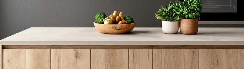 A modern kitchen countertop features a bowl of colorful fruits and lush green plants, enhancing the aesthetic of a contemporary space.