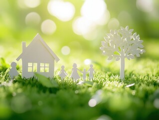 Paper Cutout Family Beside House and Tree Symbolizing Eco Friendly Living and Sustainable Future