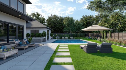 Modern backyard pool, patio, and lawn design