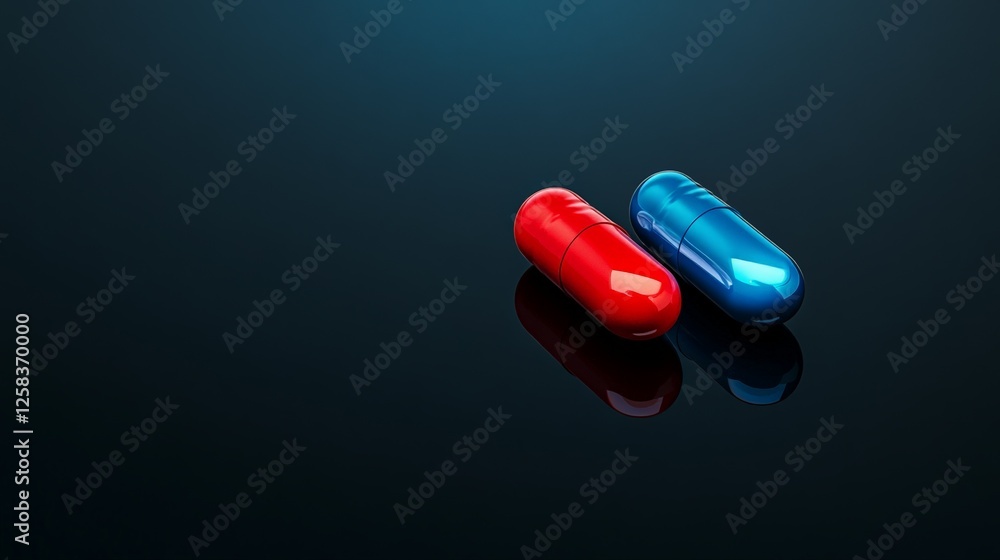 Poster two pills, one red and one blue, lying on a reflective surface represent a difficult choice or decis