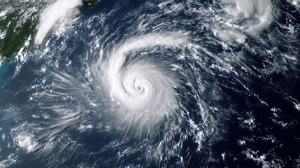 Fototapeta premium A super typhoon, characterized by fierce winds and swirling clouds, moves across the ocean toward land. 