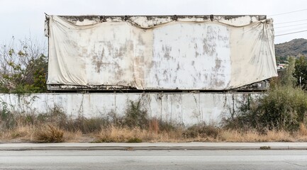 Overgrown, weathered billboard covered with a tattered, off-white tarp.