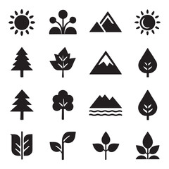 Nature Icons Set Black Silhouettes Mountains Trees Leaves Sun
