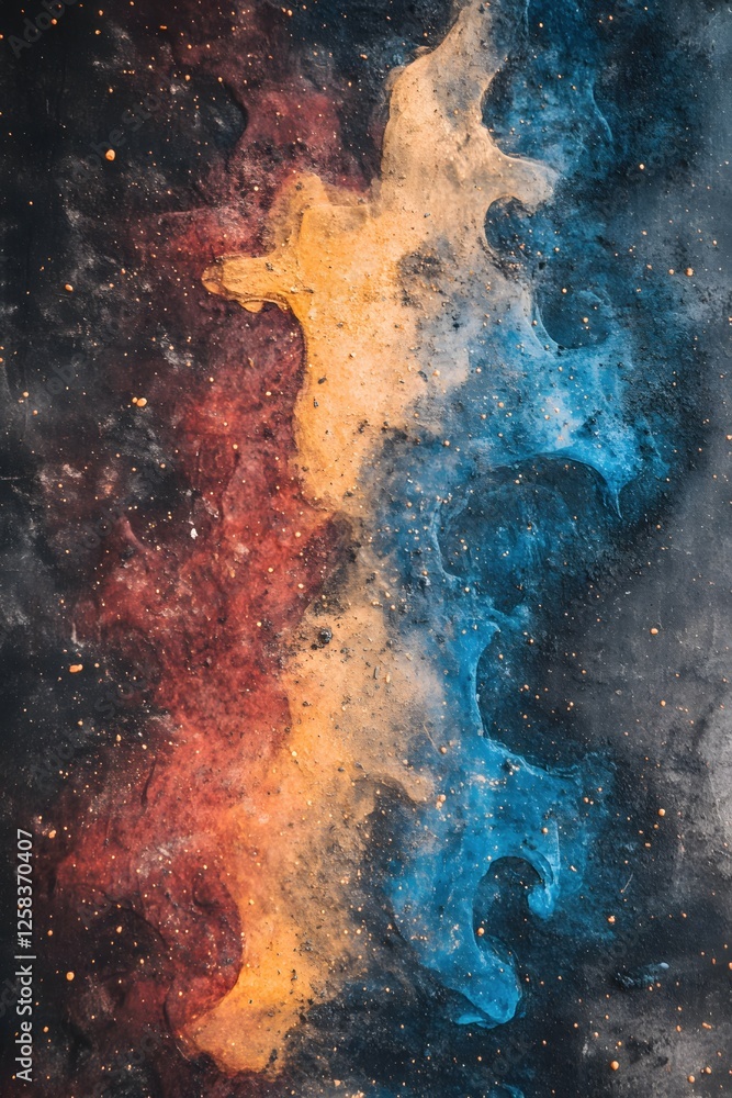 Poster abstract art of color fusion red yellow and blue creating a dynamic and energetic visual