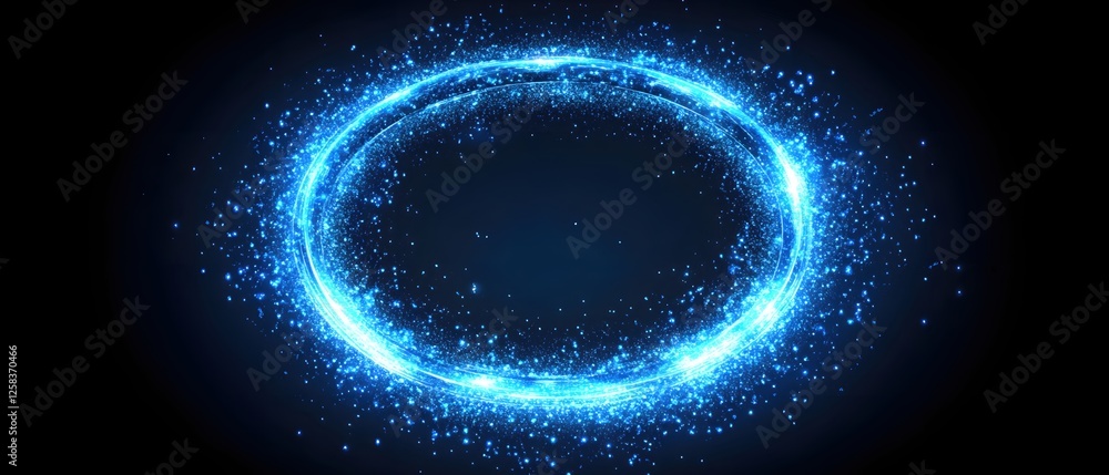 Poster glowing circle of light with sparkling particles on a dark background abstract design