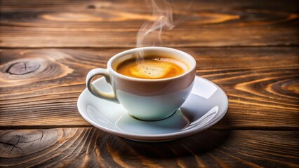 Obraz premium Sipping steaming espresso at a rustic wooden table cozy close-up beverage photography capturing rich crema delight