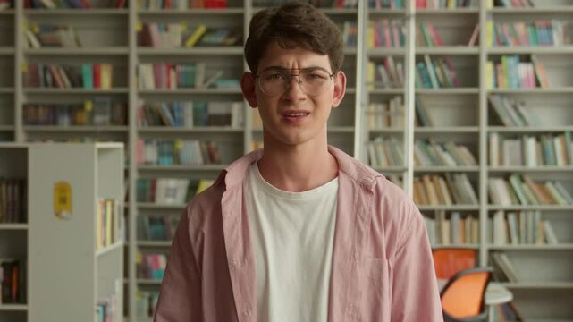 In school library book store university college upset frustrated Caucasian student boy looking at camera dissatisfied man male schoolboy guy education studying showing dislike thumb down no answer