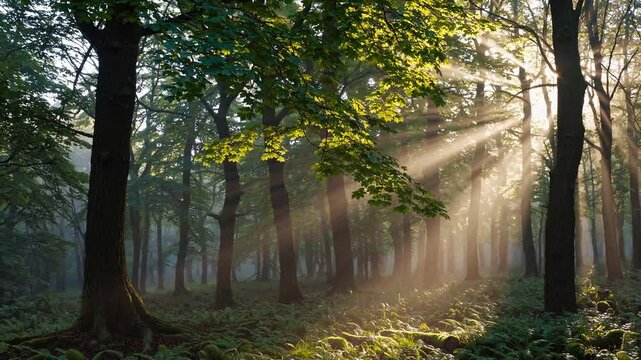 Slow Motion Shot of Beams of Sunlight Piercing Through Tall Leafy Trees in a Misty Woodland &ndash; Enchanting Forest Glow, Ethereal Light Rays, Tranquil Nature Scene, Serene Atmospheric Beauty