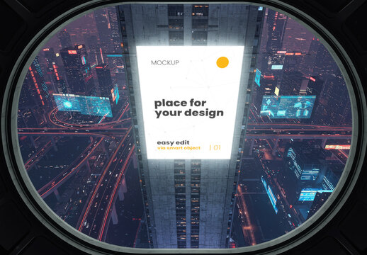 Giant Vertical Sign on Building in Brutalism Futuristic City Mockup