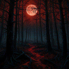 A dark and eerie forest illuminated by a blood-red moon. The twisted trees and misty atmosphere create a sense of mystery and fear, making it look like a scene from a horror or fantasy story.

