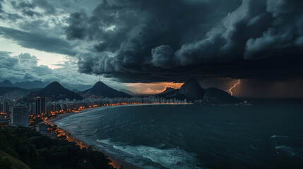 Fototapeta premium Dark gray storm clouds roll across the sky, casting an ominous atmosphere over Brazil, with flashes of lightning intensifying the dramatic scene