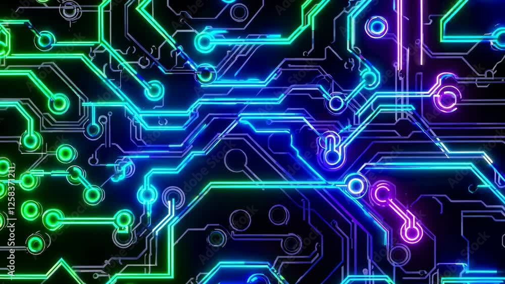 Poster neon circuit patterns illuminated in vibrant colors, showcasing technological design and creativity