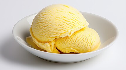 Creamy yellow ice cream scoop in a white bowl with a minimalist background for food photography