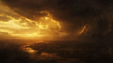 Obraz premium Dark, rain-laden clouds stretch across the sky at sunset, forming a moody and dramatic weather scene