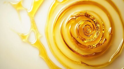 Golden honey swirl on a white background, creating a mesmerizing ripple effect.