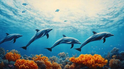Graceful Dolphins Swimming Above Vibrant Coral Reef Ecosystem