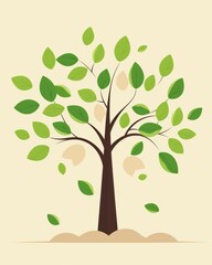 Serene Illustration of Tree with Green Leaves Representing Growth and Renewal on a Light Background