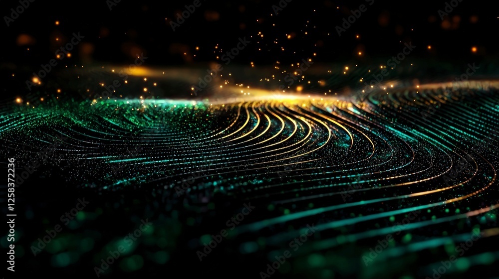 Poster abstract dark background with glowing particles and wavy lines