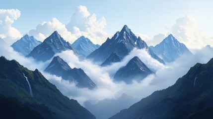 Obraz premium Majestic Mountain Landscape with Clouds and Blue Sky