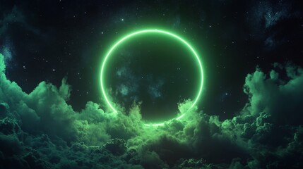 Abstract glowing cloud surrounded by a ring of neon green light, with faint stars in the background generative ai