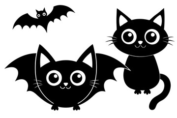  Cute Cartoon Black Cats with Bat Wings in Spooky Halloween Kawaii Vector Art