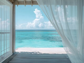 Serene Ocean View from Open Air Pavilion with Flowing White Curtains and Wooden Decking