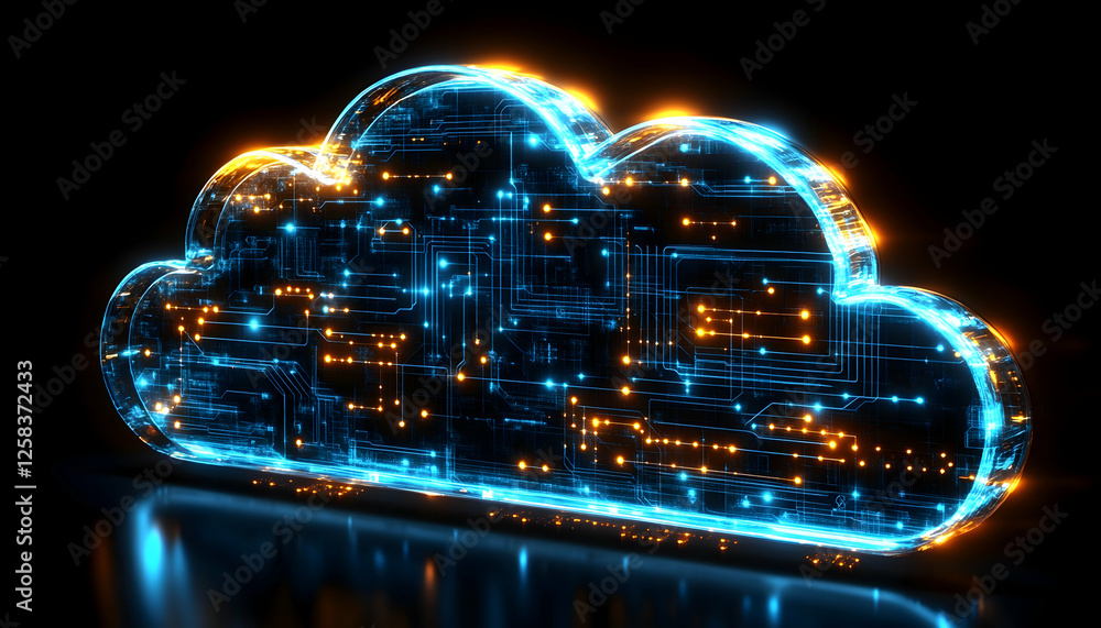 Poster abstract glowing cloud with circuit board design, digital technology concept, possible use in advert