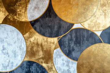 Abstract design with layered circular patterns in gold and silver, forming a modern, bold aesthetic with a sophisticated color palette.