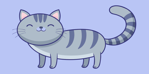Cute Cartoon Gray Tabby Cat with Big Round Head in Kawaii Minimalist Vector Art