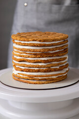 Naked honey cake, medovik layered with sour cream and whipped cream. Traditional Russian dessert. Gray background. Copy space. Selective focus.