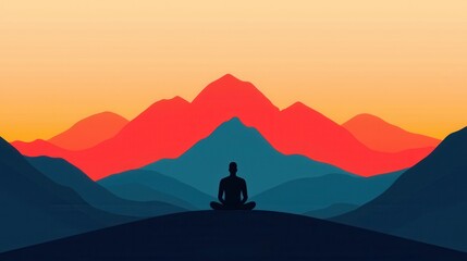 Silhouette of Person Meditating Against Colorful Mountain Sunset