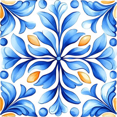 Fototapeta premium Watercolor artwork, blue and yellow azulejos tile Traditional Portuguese Mosaic