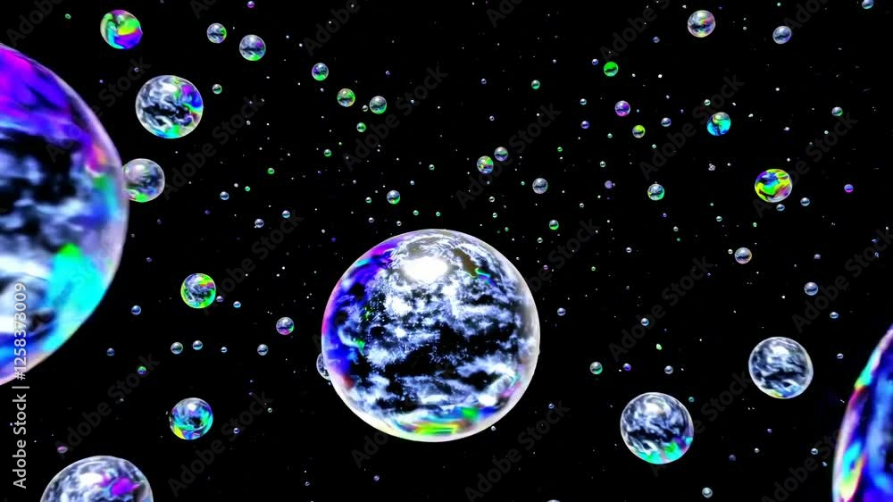 Poster colorful cosmic spheres float in a vibrant universe with a blend of swirling patterns and hues