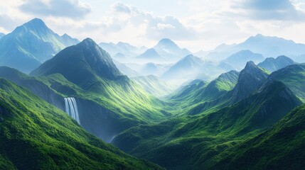 Naklejka premium Lush Green Mountains with Waterfall and Misty Valley Views