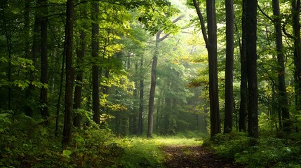 Fototapeta premium Sunlit Forest Path: Green Trees and Morning Mist