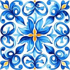 Watercolor artwork, blue and yellow azulejos tile Traditional Portuguese Mosaic
