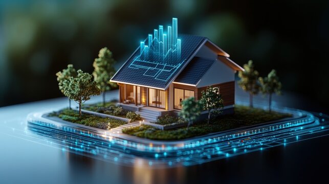 House with solar panel on roof and miniature house model for real estate investment concept