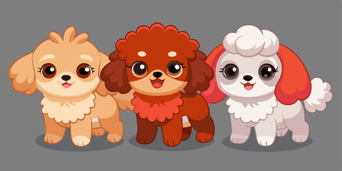 Cute Cartoon Puppies in Kawaii Style with Big Eyes and Playful Poses in Pastel Vector Art