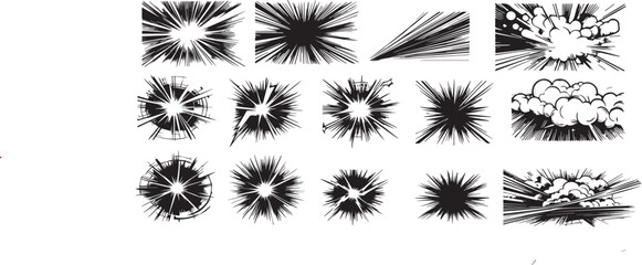 Set of manga comic motion speed line, zoom and motion effects background. Anime radial light flash explosion black frame template vector illustration © jobaida