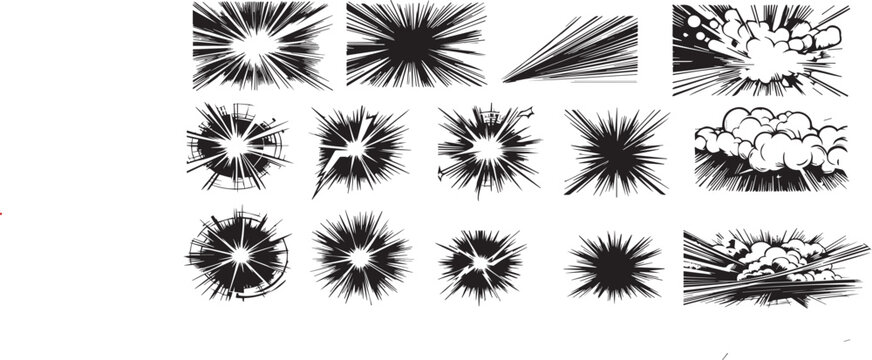 Set of manga comic motion speed line, zoom and motion effects background. Anime radial light flash explosion black frame template vector illustration