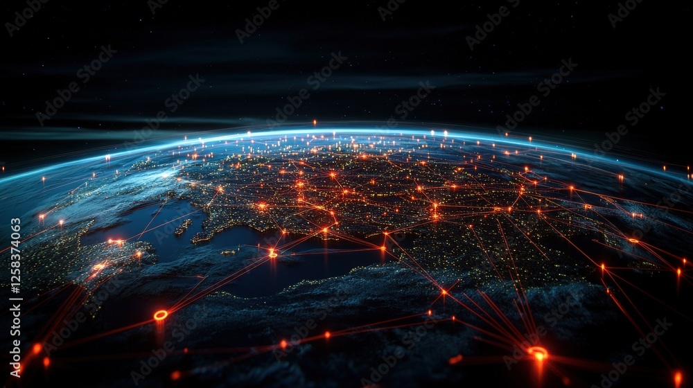 Poster view of earth from space with connection lines representing global networks and data flow