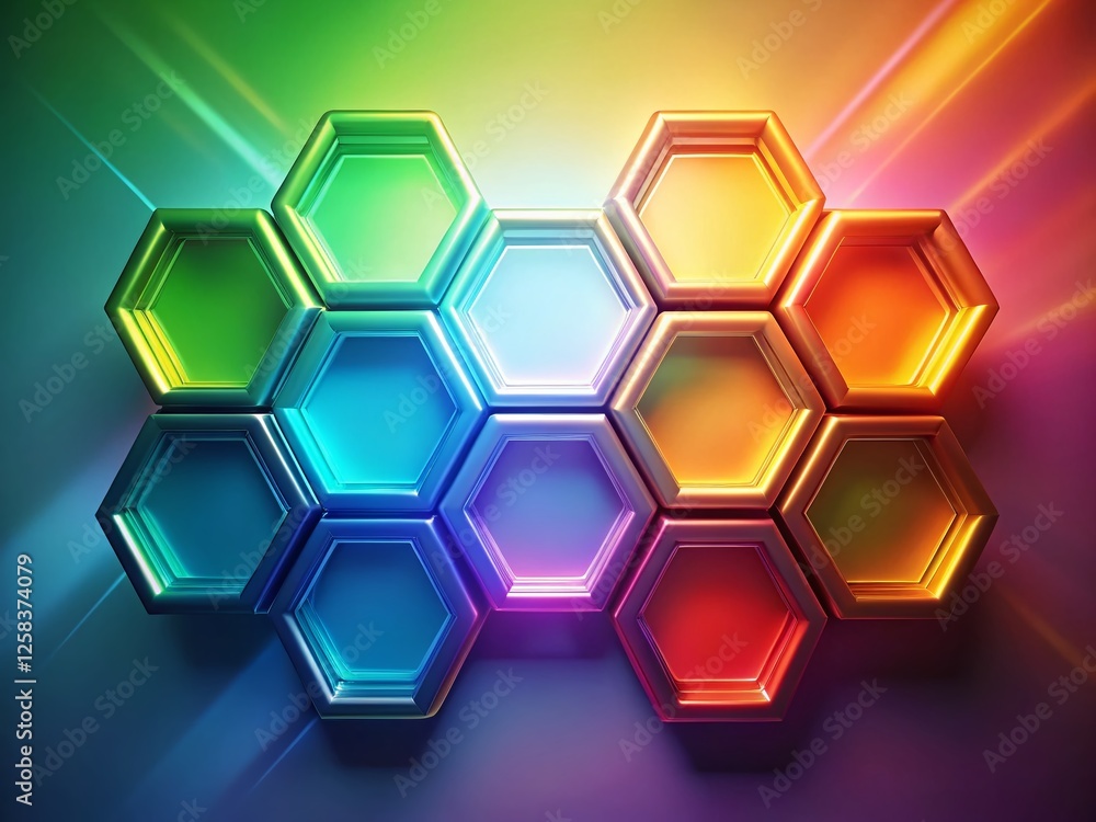Poster abstract network communication: seven gradient hexagonal cells, right-aligned with copy space